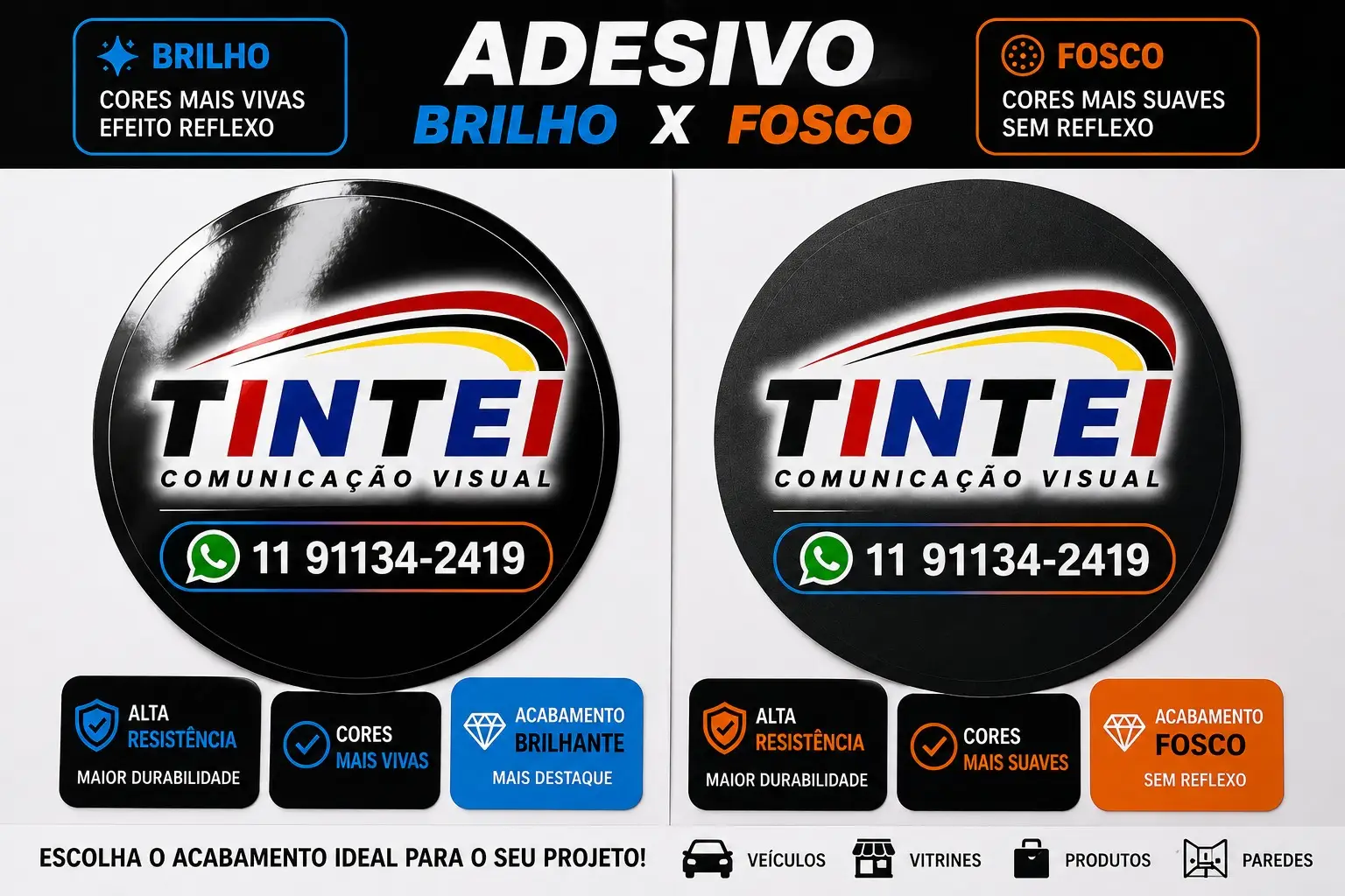Adesivo brilho contra adesivo fosco: o brilho deixa as cores mais vivas com efeito reflexo, o fosco deixa as cores mais suaves e sem reflexo