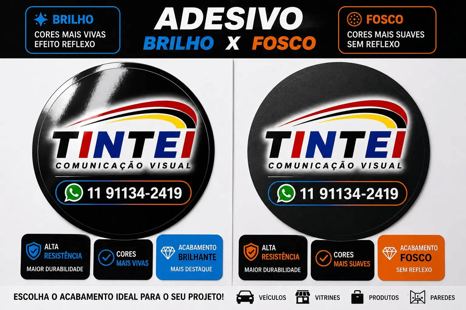 Adesivo brilho contra adesivo fosco: o brilho deixa as cores mais vivas com efeito reflexo, o fosco deixa as cores mais suaves e sem reflexo