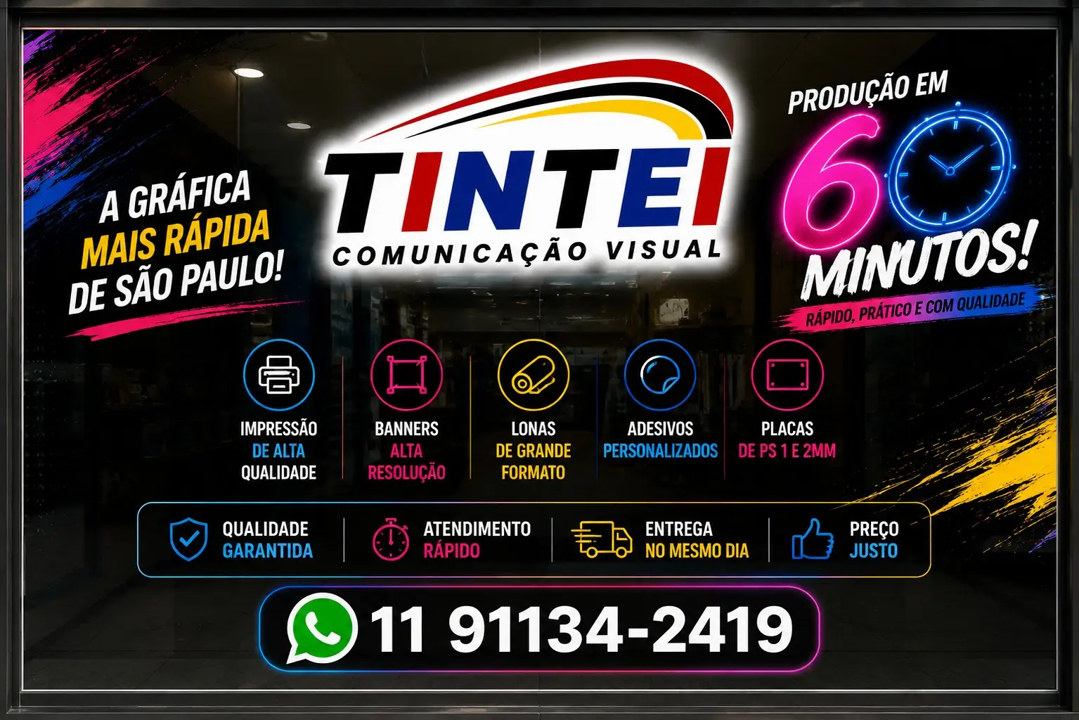 Vitrine adesivada com impressão de alta qualidade, banners, lonas de grande formato, adesivos e placas de PS