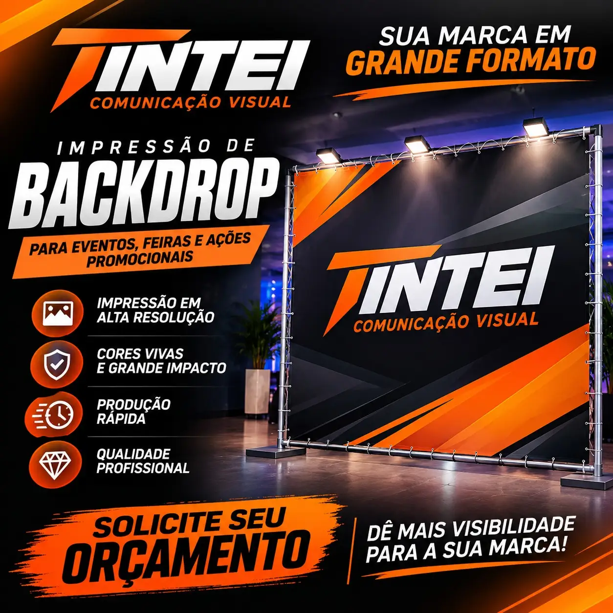 Impressão de backdrop para eventos, feiras e ações promocionais, com cores vivas e grande impacto