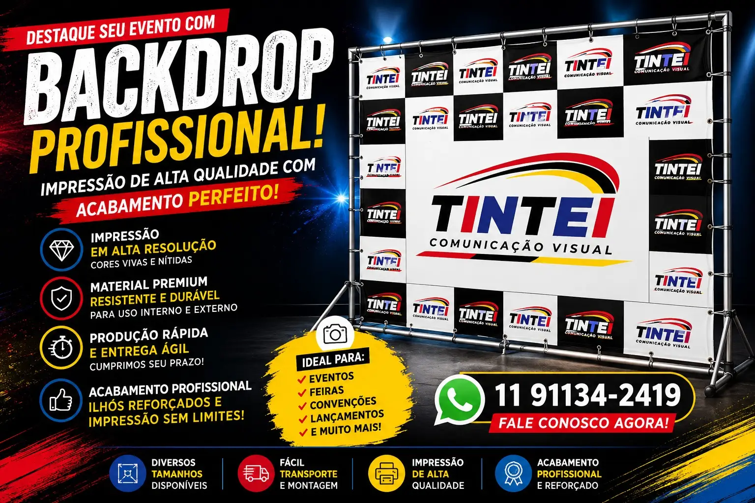 Backdrop profissional para eventos, feiras, convenções e lançamentos, com material resistente para uso interno e externo