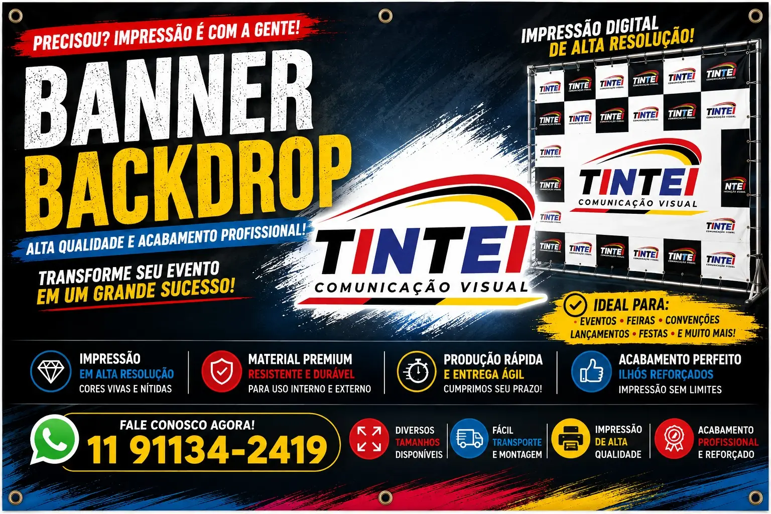 Banner e backdrop com impressão digital de alta resolução, material premium e acabamento em ilhós reforçado