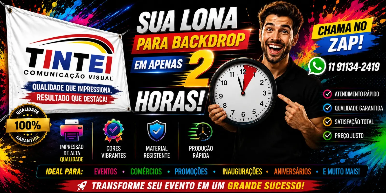Sua lona para backdrop em poucas horas, com impressão de alta qualidade, cores vibrantes e material resistente