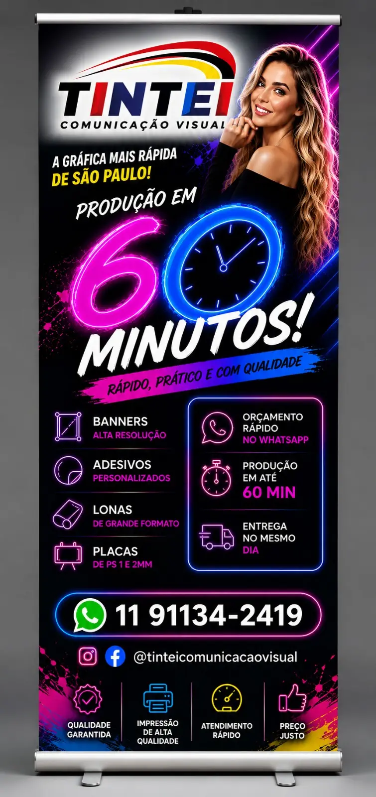 Rollup da Tintei anunciando produção em 60 minutos de banners, adesivos, lonas e placas, com entrega no mesmo dia